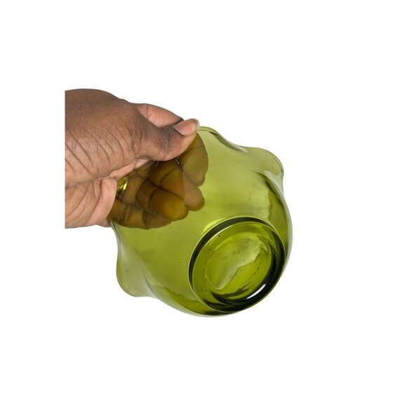 Vintage Olive Green Art Glass Bowl, Wavy Ruffled Edge Centerpiece, Mid Century - Picture 2 of 6